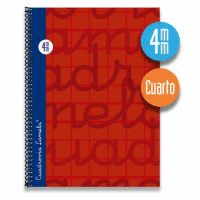 CUADERNO LAMELA ESPIRAL CUARTO 80 HOJAS. CUBIERTA EXTRA DURA ROJO. CUADROVÍA 4MM